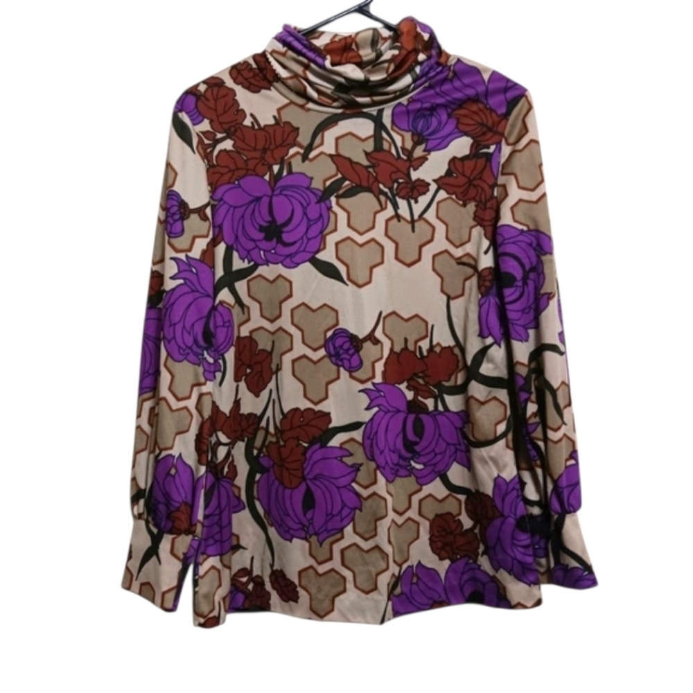 I To I Vintage 60s 70s Purple Green Floral Turtleneck Top